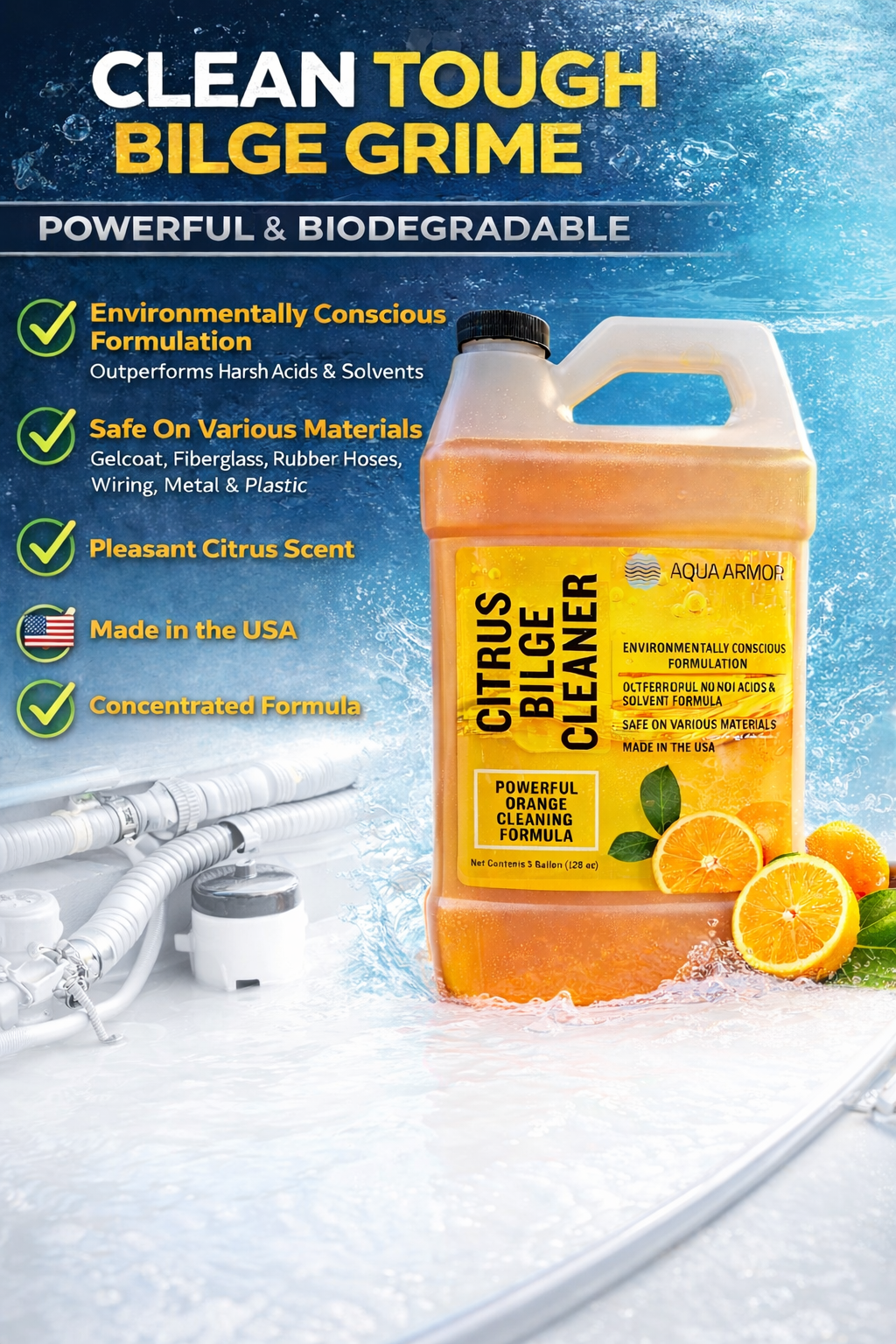Citrus Bilge Cleaner is an environmentally friendly powerful formula which outperforms hazardous acids and solvents.